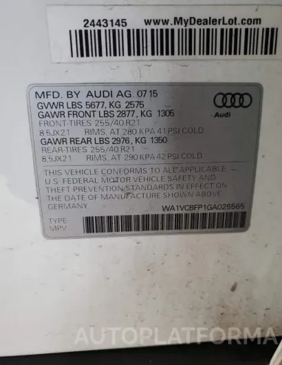 AUDI SQ5 PRESTI 2016 vin WA1VCBFP1GA025565 from auto auction Copart