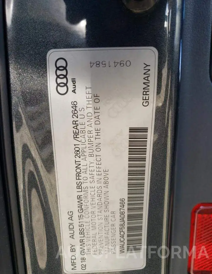 AUDI S5 PRESTIG 2018 vin WAUC4CF58JA087466 from auto auction Copart