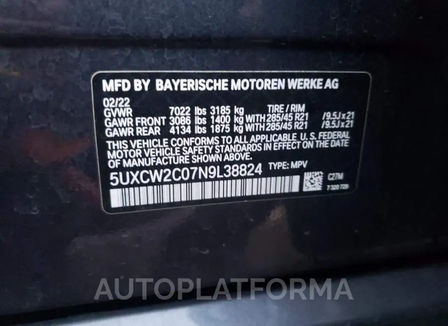 BMW X7 XDRIVE4 2022 vin 5UXCW2C07N9L38824 from auto auction Copart