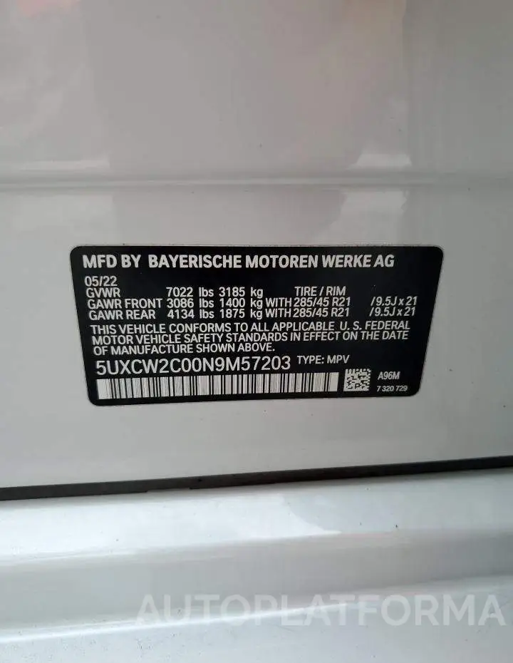 BMW X7 XDRIVE4 2022 vin 5UXCW2C00N9M57203 from auto auction Copart