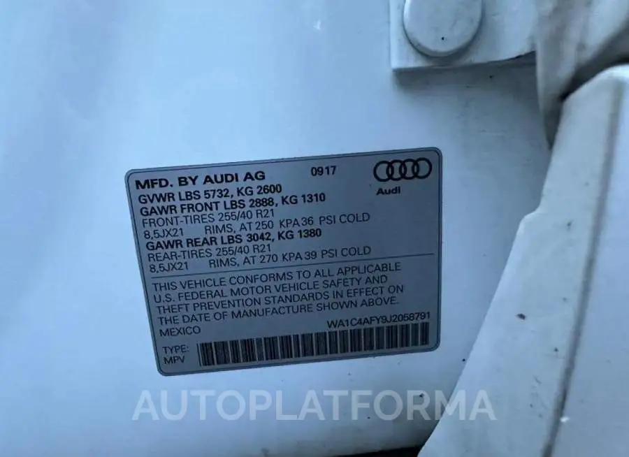 AUDI SQ5 PRESTI 2018 vin WA1C4AFY9J2058791 from auto auction Copart