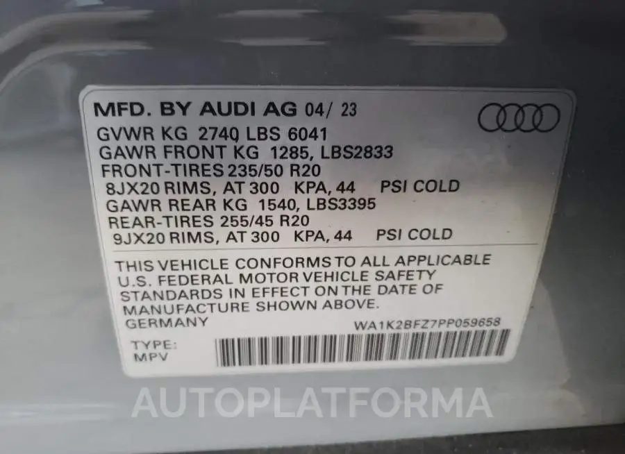 AUDI Q4 E-TRON 2023 vin WA1K2BFZ7PP059658 from auto auction Copart