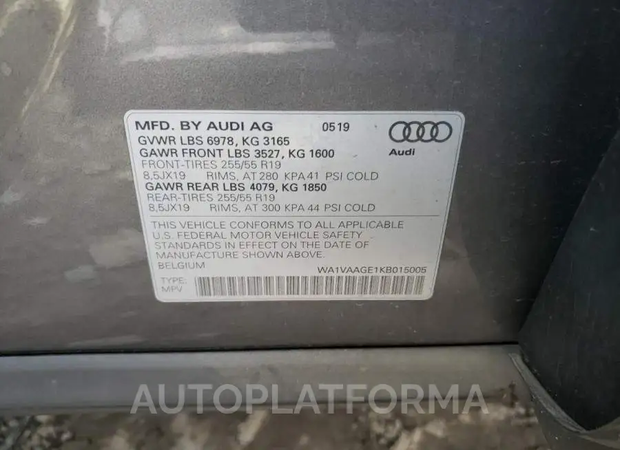 AUDI E-TRON PRE 2019 vin WA1VAAGE1KB015005 from auto auction Copart