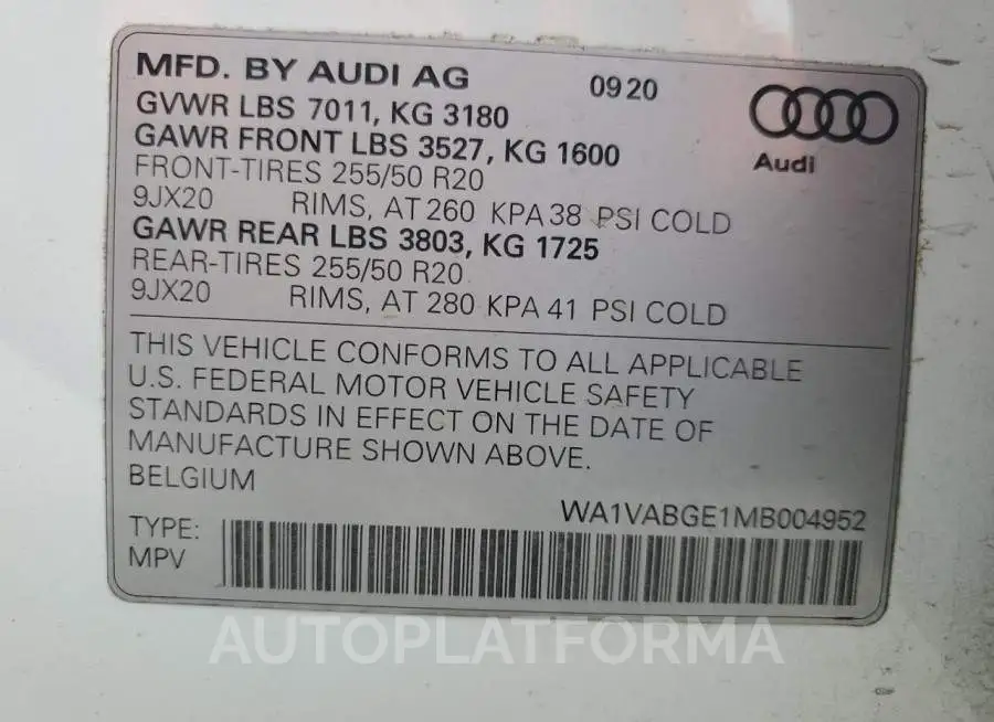 AUDI E-TRON PRE 2021 vin WA1VABGE1MB004952 from auto auction Copart