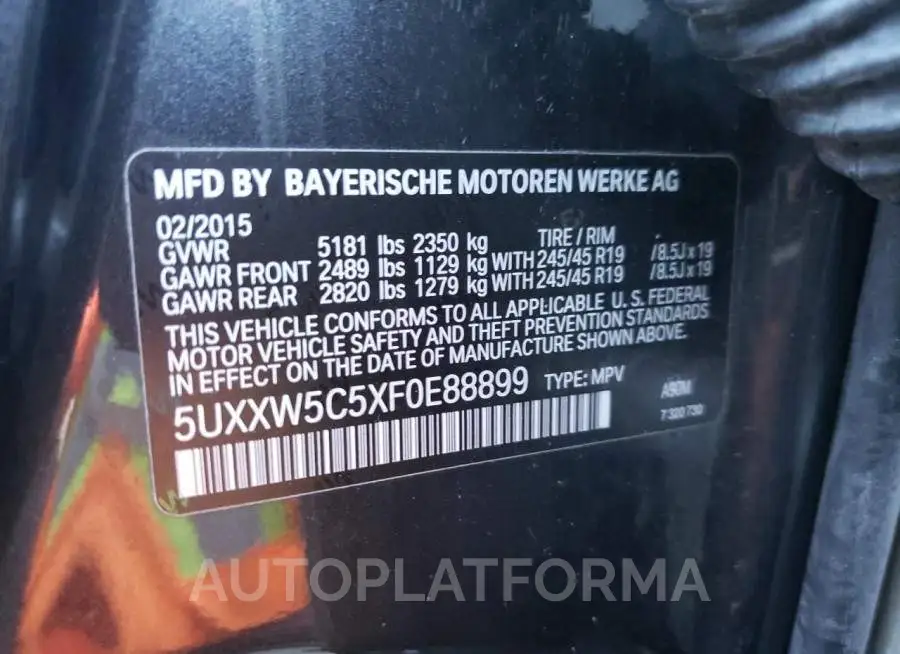 BMW X4 XDRIVE3 2015 vin 5UXXW5C5XF0E88899 from auto auction Copart