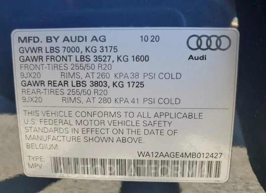 AUDI E-TRON SPO 2021 vin WA12AAGE4MB012427 from auto auction Copart