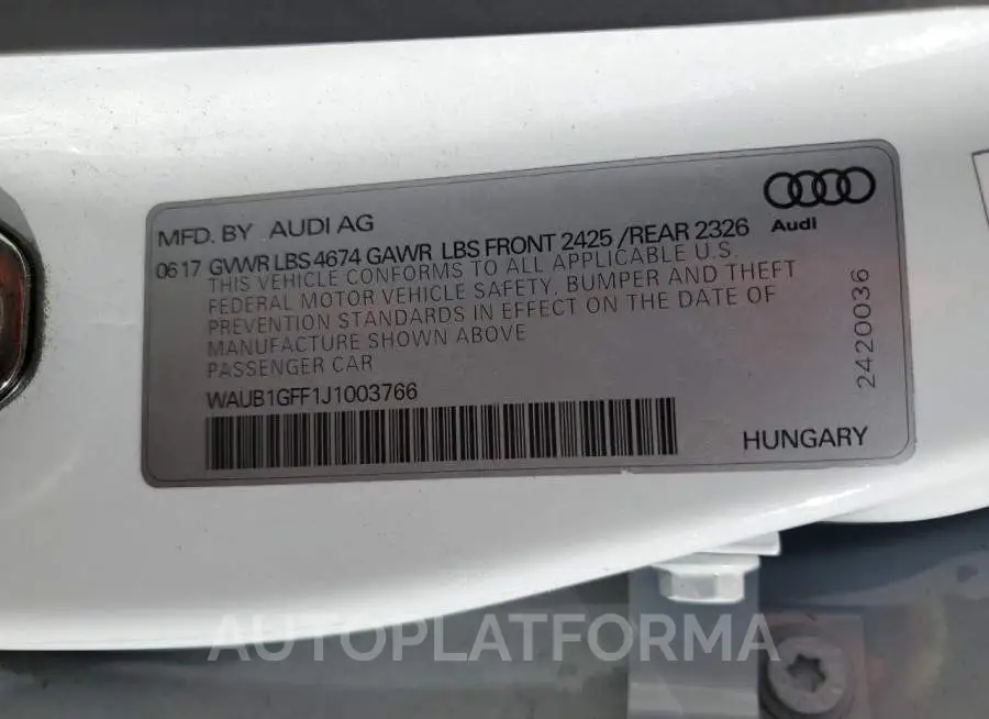 AUDI S3 PREMIUM 2018 vin WAUB1GFF1J1003766 from auto auction Copart