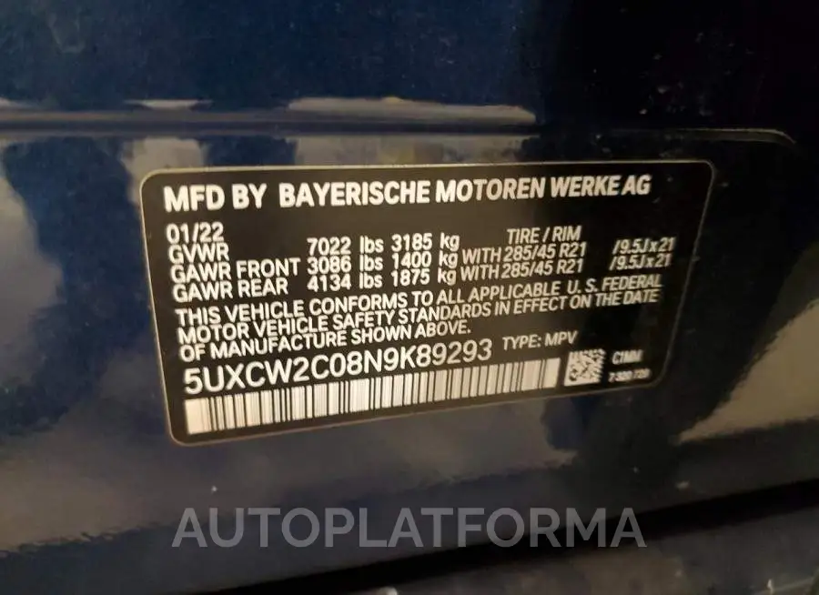 BMW X7 XDRIVE4 2022 vin 5UXCW2C08N9K89293 from auto auction Copart