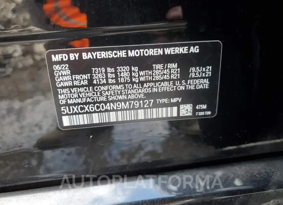 BMW X7 M50I 2022 vin 5UXCX6C04N9M79127 from auto auction Copart