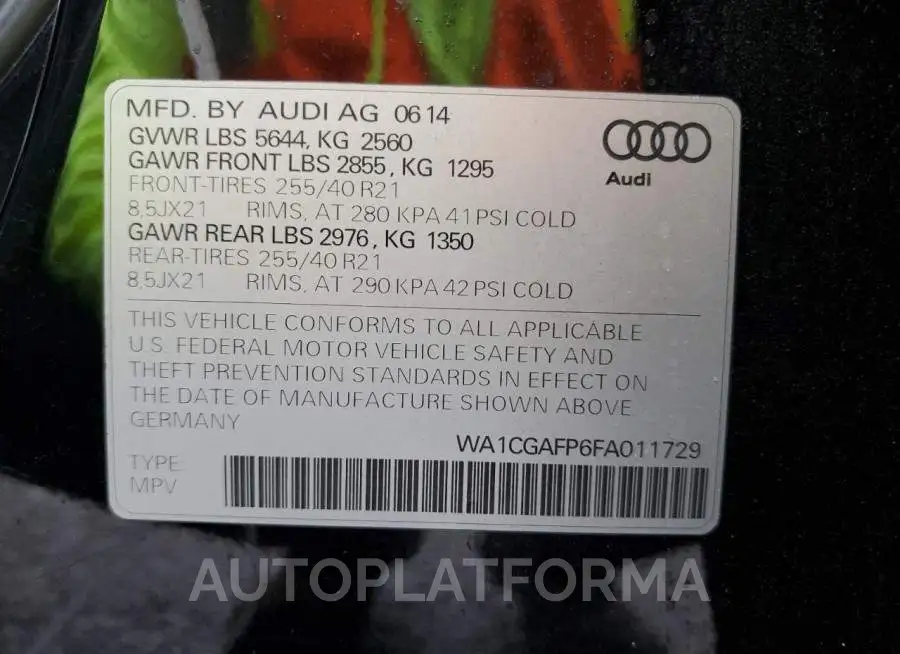 AUDI SQ5 PREMIU 2015 vin WA1CGAFP6FA011729 from auto auction Copart