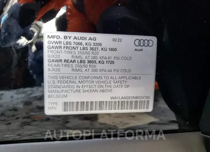 AUDI E-TRON PRE 2022 vin WA1LAAGE2NB024789 from auto auction Copart