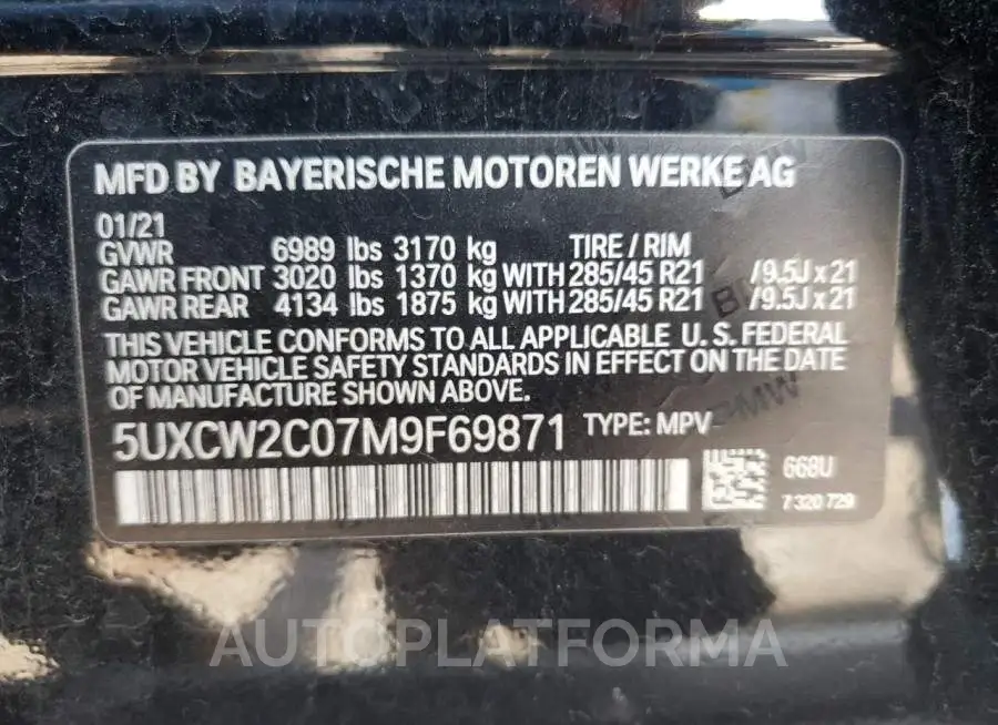 BMW X7 XDRIVE4 2021 vin 5UXCW2C07M9F69871 from auto auction Copart