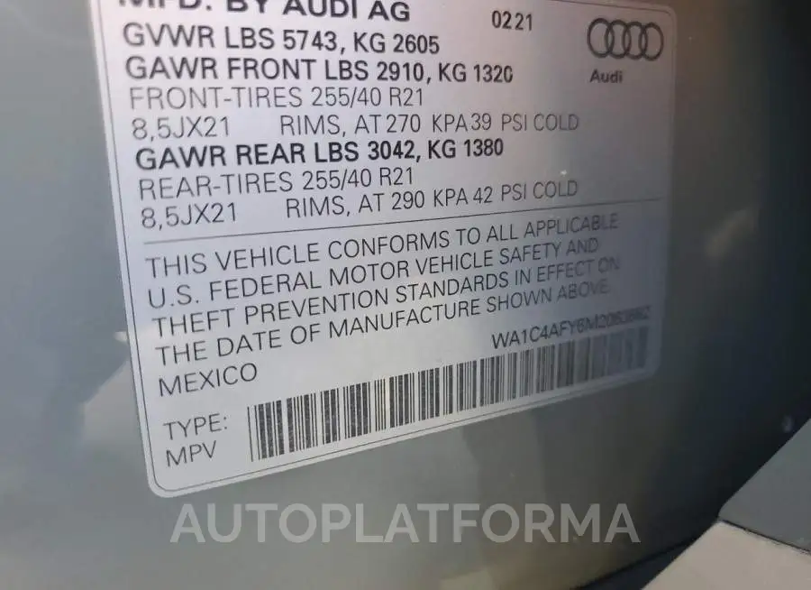 AUDI SQ5 PRESTI 2021 vin WA1C4AFY6M2063662 from auto auction Copart