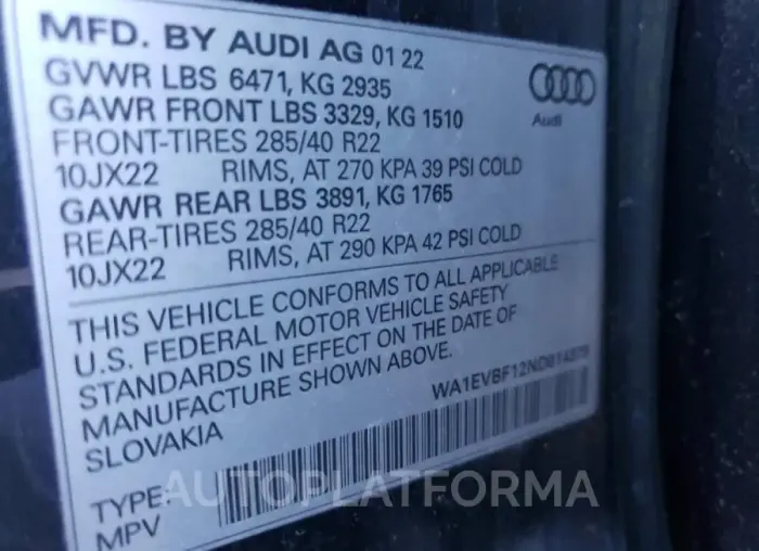 AUDI Q8 PREMIUM 2022 vin WA1EVBF12ND014379 from auto auction Copart