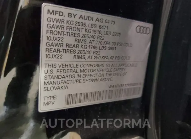 AUDI Q8 PRESTIG 2023 vin WA1FVBF17PD029175 from auto auction Copart