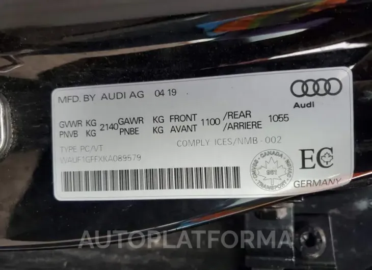 AUDI S3 PRESTIG 2019 vin WAUF1GFFXKA089579 from auto auction Copart