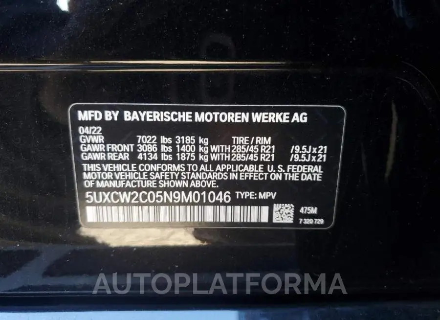 BMW X7 XDRIVE4 2022 vin 5UXCW2C05N9M01046 from auto auction Copart