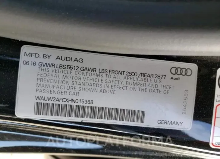 AUDI A7 PREMIUM 2017 vin WAUW2AFCXHN015368 from auto auction Copart