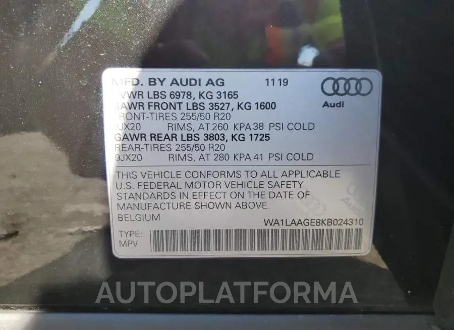 AUDI E-TRON PRE 2019 vin WA1LAAGE8KB024310 from auto auction Copart