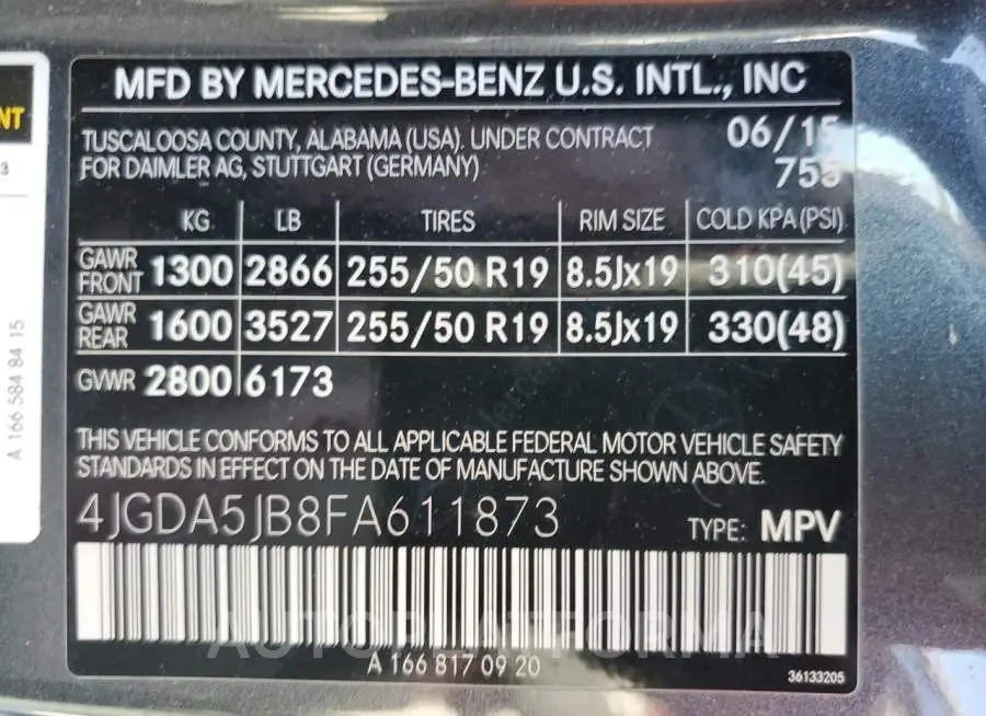 MERCEDES-BENZ ML 350 2015 vin 4JGDA5JB8FA611873 from auto auction Copart