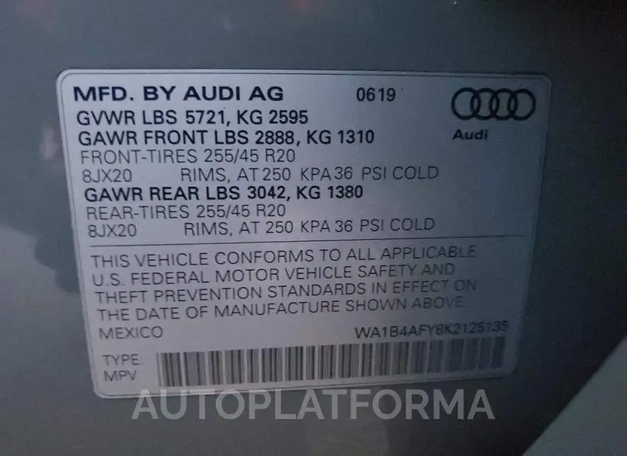 AUDI SQ5 PREMIU 2019 vin WA1B4AFY8K2125135 from auto auction Copart