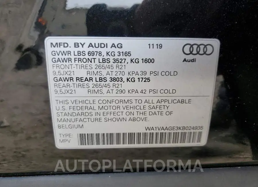 AUDI E-TRON PRE 2019 vin WA1VAAGE3KB024935 from auto auction Copart