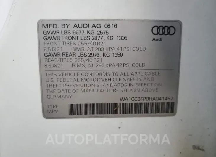 AUDI SQ5 PREMIU 2017 vin WA1CCBFP0HA041457 from auto auction Copart