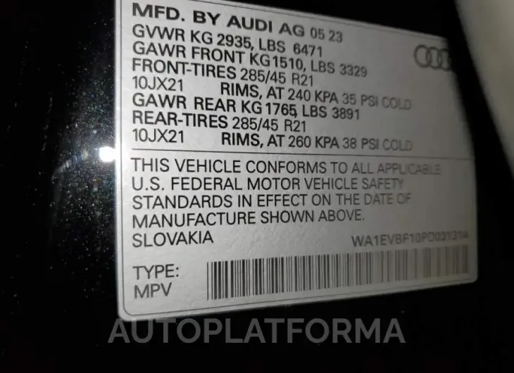 AUDI Q8 PREMIUM 2023 vin WA1EVBF10PD031314 from auto auction Copart