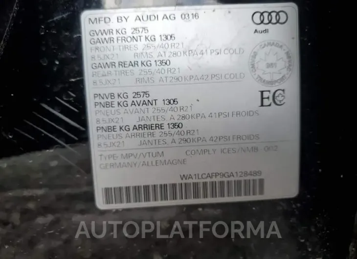 AUDI SQ5 TECHNI 2016 vin WA1LCAFP9GA128489 from auto auction Copart