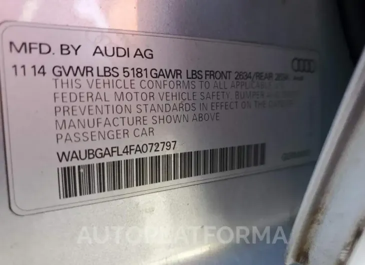 AUDI S4 PREMIUM 2015 vin WAUBGAFL4FA072797 from auto auction Copart