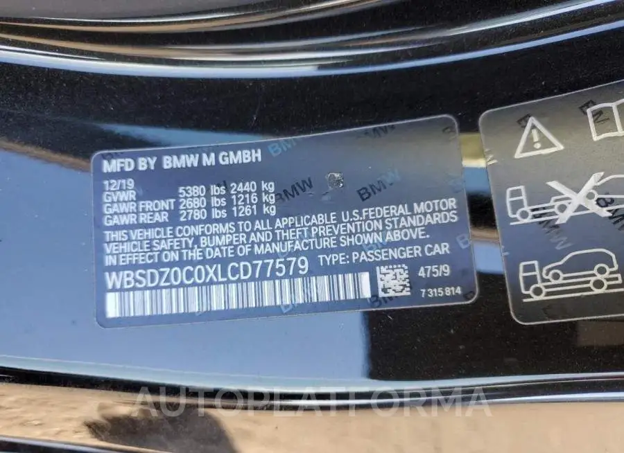 BMW M8 2020 vin WBSDZ0C0XLCD77579 from auto auction Copart