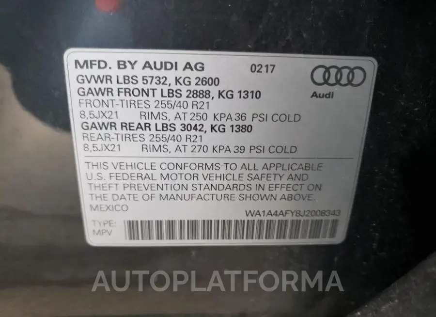 AUDI SQ5 PREMIU 2018 vin WA1A4AFY8J2008343 from auto auction Copart