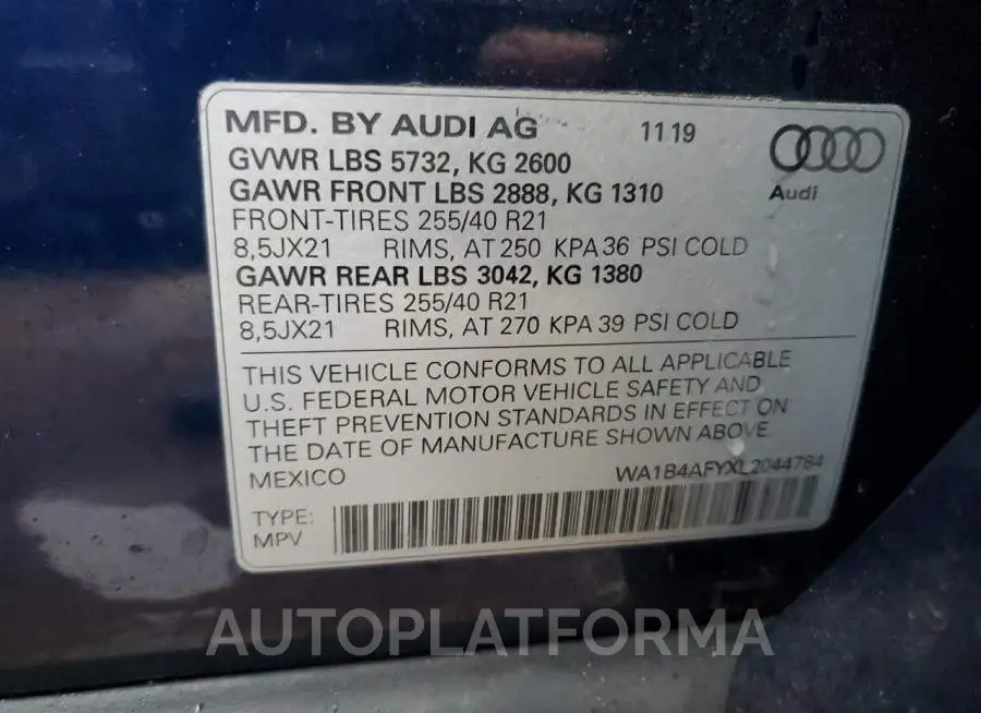 AUDI SQ5 PREMIU 2020 vin WA1B4AFYXL2044784 from auto auction Copart