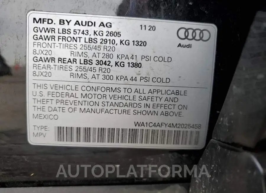 AUDI SQ5 PRESTI 2021 vin WA1C4AFY4M2025458 from auto auction Copart