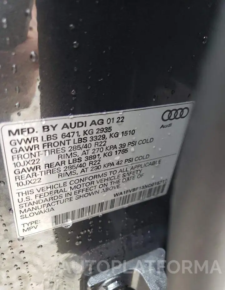 AUDI Q8 PRESTIG 2022 vin WA1FVBF13ND015710 from auto auction Copart