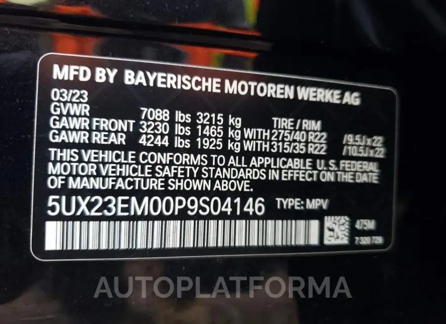 BMW X7 XDRIVE4 2023 vin 5UX23EM00P9S04146 from auto auction Copart