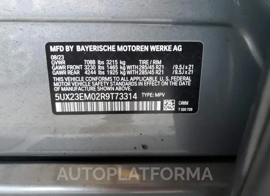 BMW X7 XDRIVE4 2024 vin 5UX23EM02R9T73314 from auto auction Copart