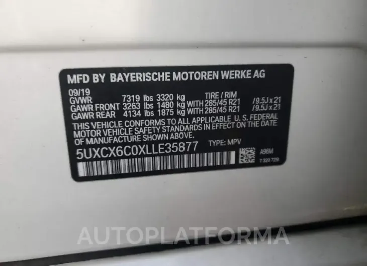 BMW X7 M50I 2020 vin 5UXCX6C0XLLE35877 from auto auction Copart