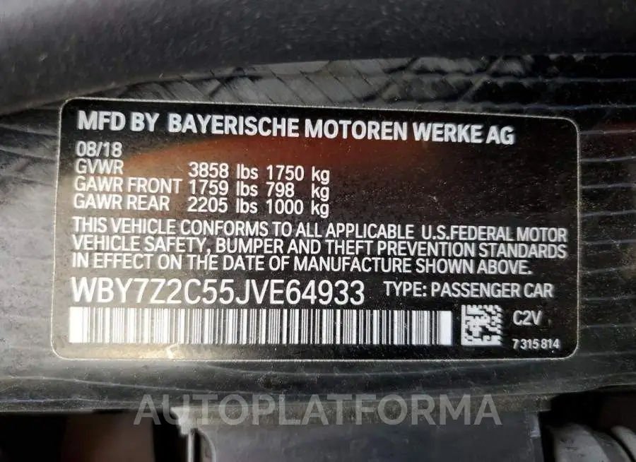 BMW I3 BEV 2018 vin WBY7Z2C55JVE64933 from auto auction Copart