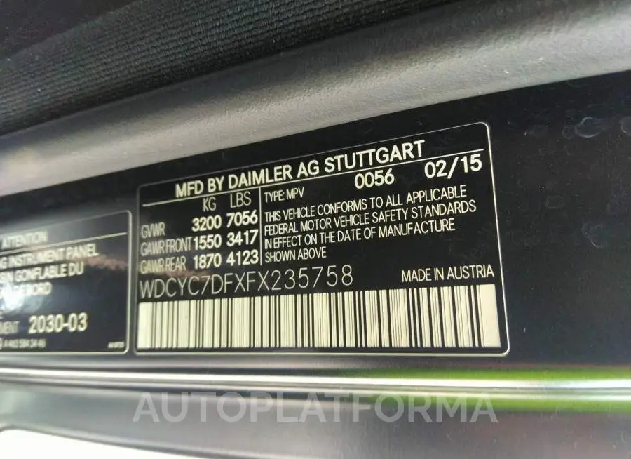 MERCEDES-BENZ G-CLASS 2015 vin WDCYC7DFXFX235758 from auto auction Iaai