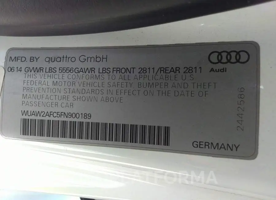 AUDI RS 7 2015 vin WUAW2AFC5FN900189 from auto auction Iaai