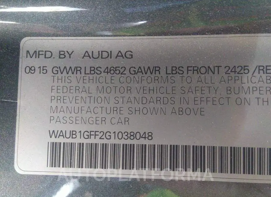 AUDI S3 2016 vin WAUB1GFF2G1038048 from auto auction Iaai