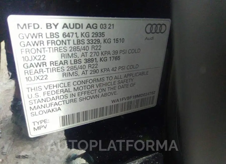 AUDI Q8 2021 vin WA1FVBF19MD034762 from auto auction Iaai