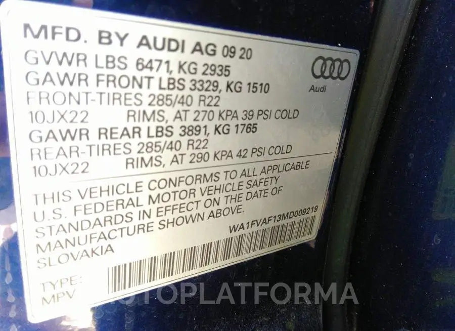 AUDI Q8 2021 vin WA1FVAF13MD009219 from auto auction Iaai