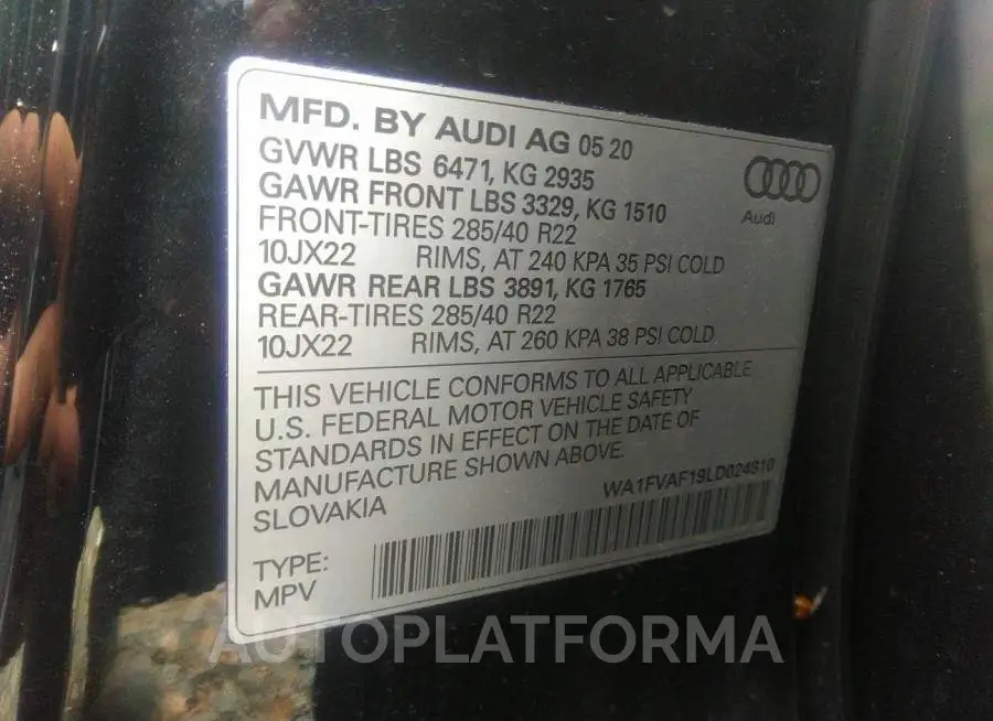 AUDI Q8 2020 vin WA1FVAF19LD024810 from auto auction Iaai