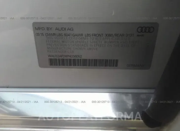 AUDI A8 L 2015 vin WAU32AFDXFN036052 from auto auction Iaai