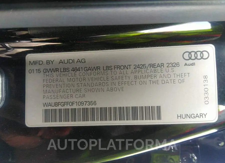 AUDI S3/A3 2015 vin WAUBFGFF0F1097356 from auto auction Iaai