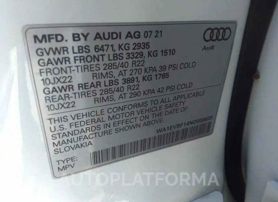 AUDI Q8 2022 vin WA1EVBF14ND003626 from auto auction Iaai