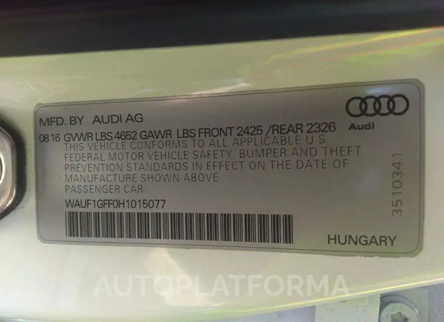 AUDI S3 2017 vin WAUF1GFF0H1015077 from auto auction Iaai