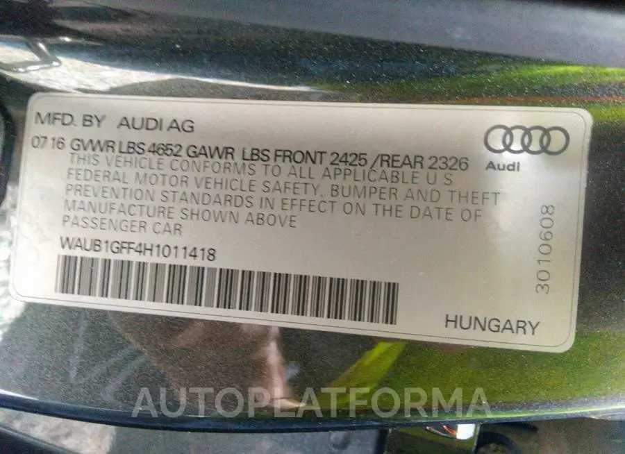 AUDI S3 2017 vin WAUB1GFF4H1011418 from auto auction Iaai